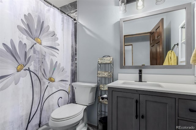 1341 Tomichi Dr, Franktown, CO 80116 - bathroom featuring toilet, vanity, and curtained shower