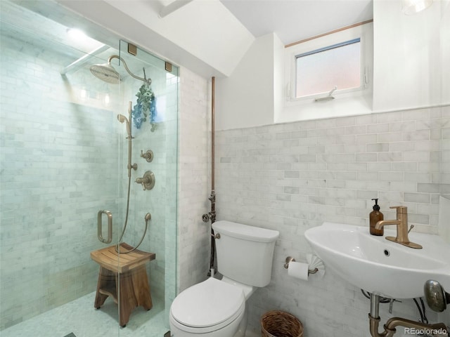 bathroom featuring toilet, a sink, tile walls, wainscoting, and a shower stall