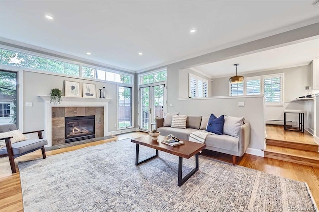 926 S Fillmore Way, Denver, CO 80209 - living area with wood finished floors, crown molding, a tile fireplace, baseboards, and a baseboard heating unit