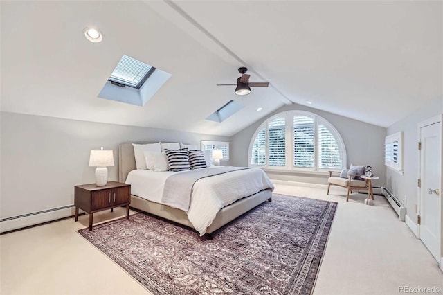 926 S Fillmore Way, Denver, CO 80209 - bedroom featuring a skylight, light colored carpet, lofted ceiling, ceiling fan, and recessed lighting