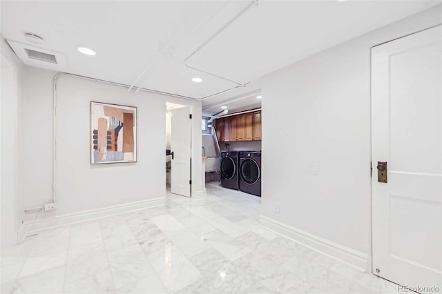 926 S Fillmore Way, Denver, CO 80209 - hallway featuring washer and clothes dryer, recessed lighting, baseboards, and light marble finish flooring