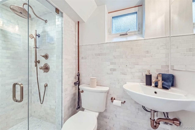 926 S Fillmore Way, Denver, CO 80209 - bathroom featuring toilet, tile walls, and a shower stall
