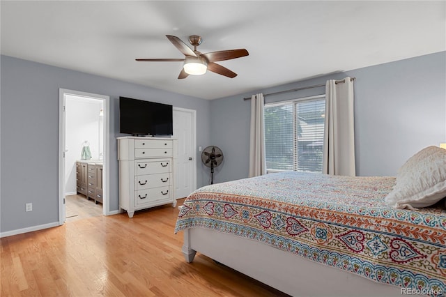 9665 Whitecliff Pl, Highlands Ranch, CO 80129 - bedroom featuring light wood-type flooring, a ceiling fan, baseboards, and ensuite bath