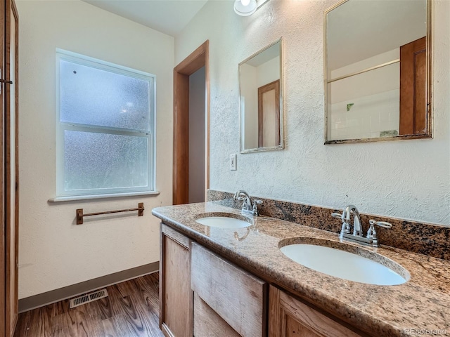 bathroom featuring wood-type flooring and double sink vanity