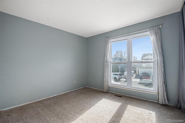 carpeted empty room with a textured ceiling