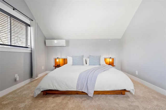 bedroom featuring lofted ceiling, a wall unit AC, light colored carpet, and baseboards