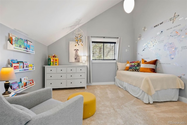 bedroom featuring light carpet, lofted ceiling, and baseboards