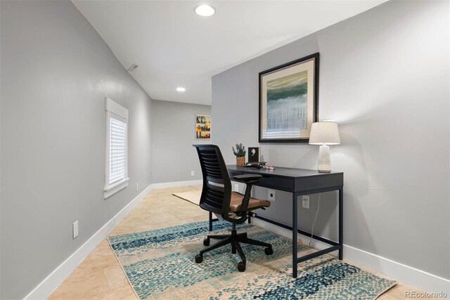 office area featuring recessed lighting, visible vents, and baseboards