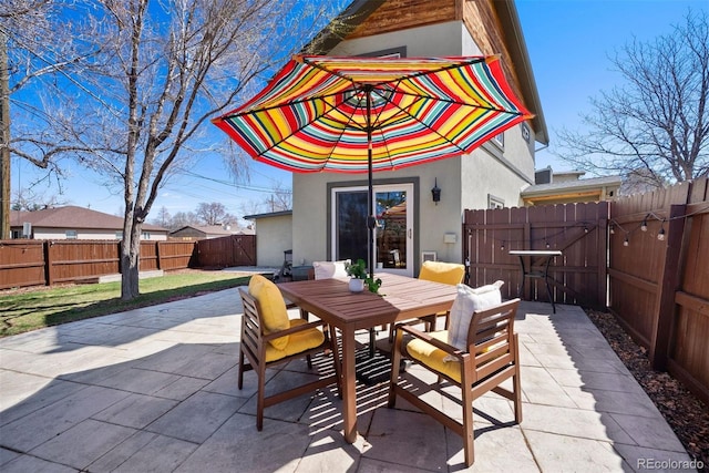 view of patio / terrace featuring a fenced backyard and outdoor dining space