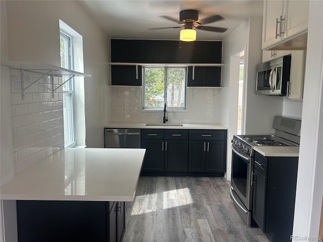 kitchen featuring sink, decorative backsplash, wood-type flooring, and stainless steel appliances