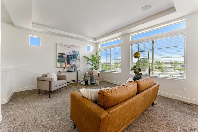 living room with a tray ceiling and light colored carpet