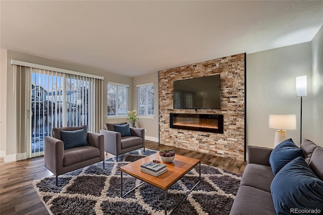 living room with hardwood / wood-style floors and a stone fireplace