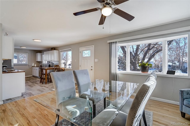 dining space with light wood-type flooring and baseboards