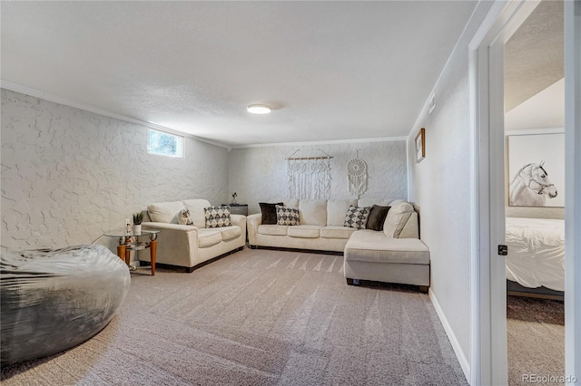 living room with ornamental molding, carpet flooring, a textured wall, and baseboards