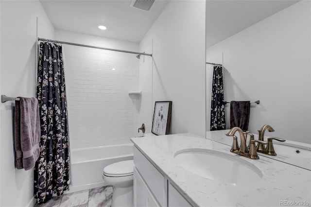 bathroom featuring visible vents, shower / bath combo with shower curtain, marble finish floor, vanity, and toilet