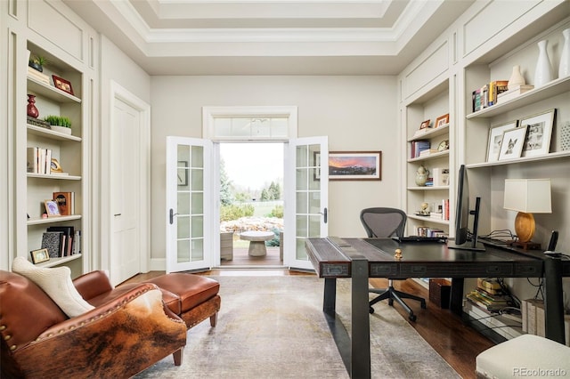 5425 S University Blvd, Greenwood Village, CO 80121 - office featuring wood finished floors, built in features, a raised ceiling, and crown molding
