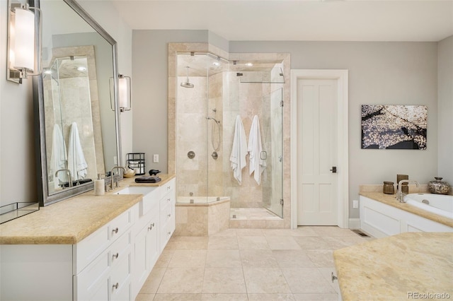 5425 S University Blvd, Greenwood Village, CO 80121 - full bath with a bath, a shower stall, tile patterned flooring, and vanity
