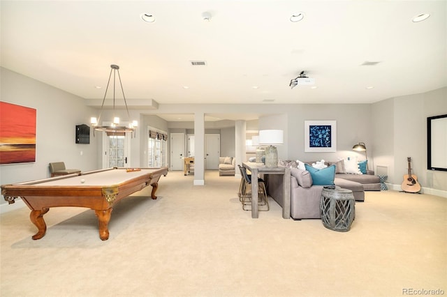 5425 S University Blvd, Greenwood Village, CO 80121 - recreation room with light colored carpet, pool table, recessed lighting, and baseboards