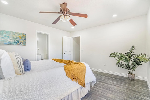 18751 E Mexico Ave, Aurora, CO 80017 - bedroom featuring wood finished floors, recessed lighting, ceiling fan, and connected bathroom