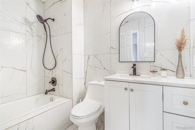 18751 E Mexico Ave, Aurora, CO 80017 - bathroom featuring tile walls, vanity, and shower / bathtub combination