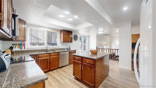 kitchen featuring a center island, sink, light hardwood / wood-style flooring, stainless steel dishwasher, and a tray ceiling