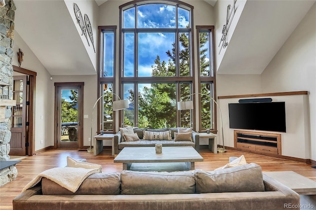 living room with a towering ceiling, light hardwood / wood-style flooring, and plenty of natural light