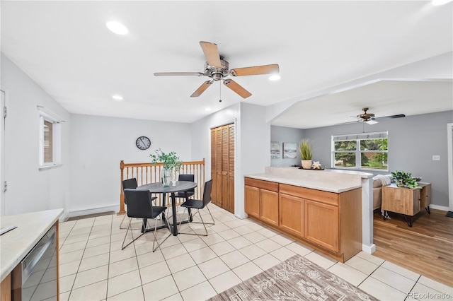 6327 Fenton St, Arvada, CO 80003 - dining space with a ceiling fan, light tile patterned floors, and recessed lighting