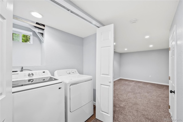 6327 Fenton St, Arvada, CO 80003 - laundry area featuring washing machine and clothes dryer, carpet flooring, and recessed lighting