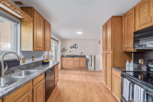 kitchen with sink, black appliances, light hardwood / wood-style floors, and a healthy amount of sunlight