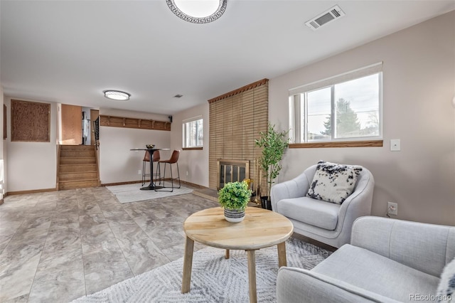 living area with a fireplace