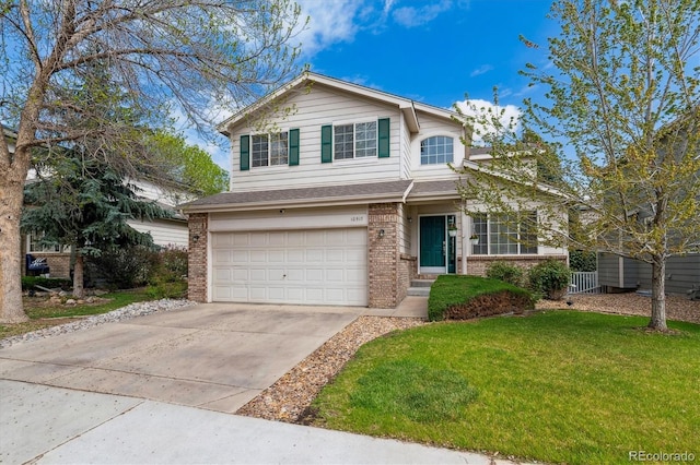 10517 Madison St, Thornton, CO 80233 - traditional-style house featuring brick siding, an attached garage, a front yard, and concrete driveway
