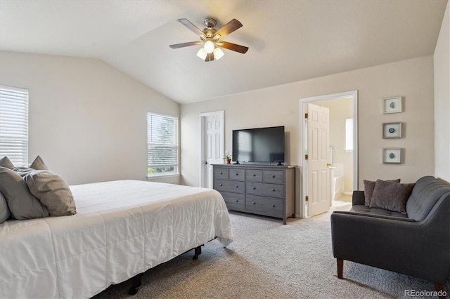 10517 Madison St, Thornton, CO 80233 - bedroom with vaulted ceiling, carpet floors, a ceiling fan, and ensuite bath