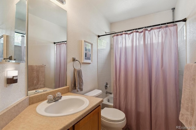 10517 Madison St, Thornton, CO 80233 - full bathroom with a textured wall, toilet, vanity, and shower / bathtub combination with curtain