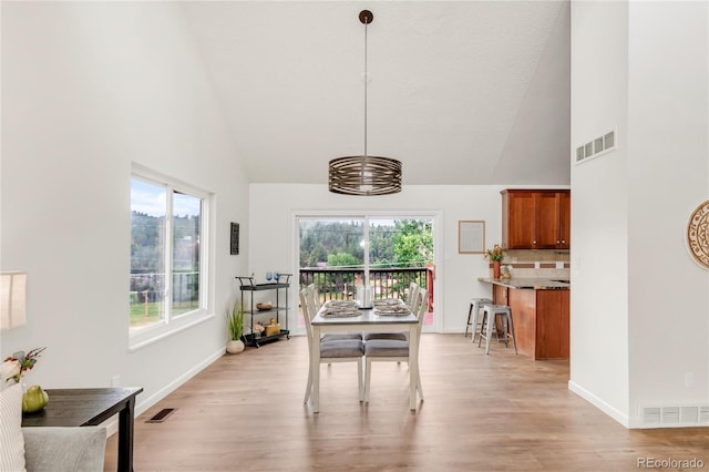 3260 Bit Rd, Evergreen, CO 80439 - dining room with high vaulted ceiling and light wood-type flooring