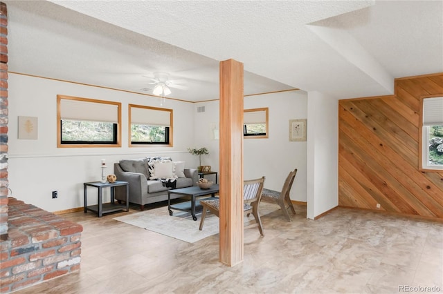 3260 Bit Rd, Evergreen, CO 80439 - living area featuring wood walls, ceiling fan, and an accent wall