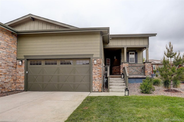 7029 Sagerock St, Castle Pines, CO 80108 - craftsman house with stone siding, a porch, an attached garage, driveway, and board and batten siding