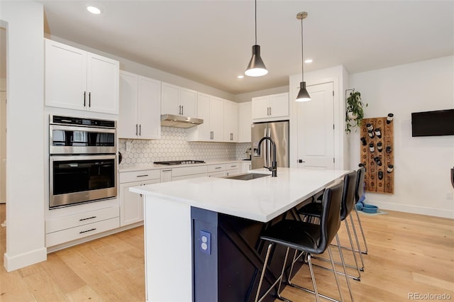 7029 Sagerock St, Castle Pines, CO 80108 - kitchen featuring stainless steel appliances, a sink, under cabinet range hood, light wood-style flooring, and light countertops