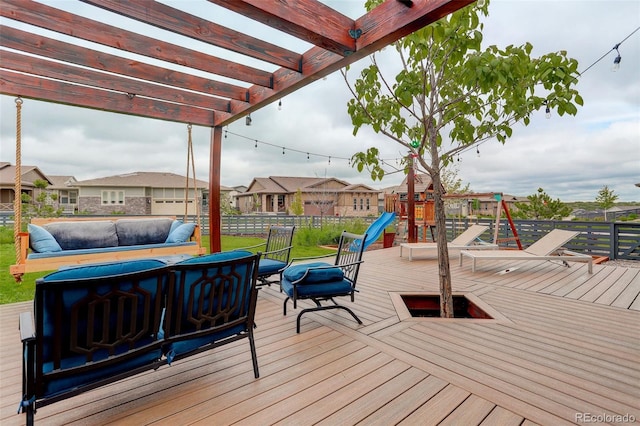 7029 Sagerock St, Castle Pines, CO 80108 - wooden deck featuring an outdoor living space, a playground, a pergola, and a residential view