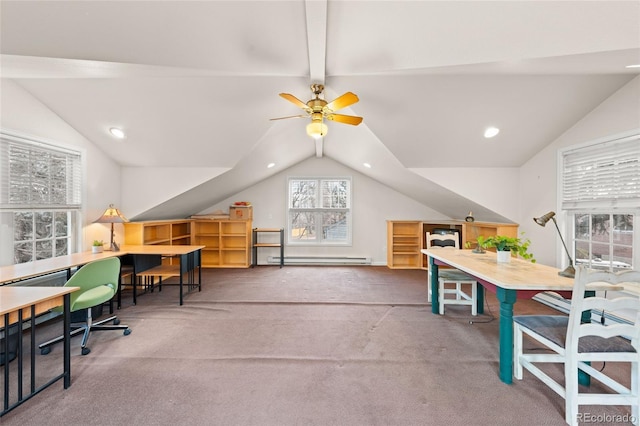 office area featuring carpet, lofted ceiling with beams, ceiling fan, and a baseboard heating unit