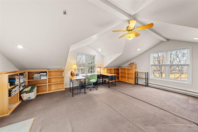 carpeted office featuring lofted ceiling with beams, a healthy amount of sunlight, and ceiling fan