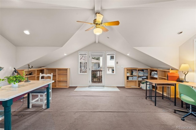 office area with carpet flooring, vaulted ceiling, and ceiling fan