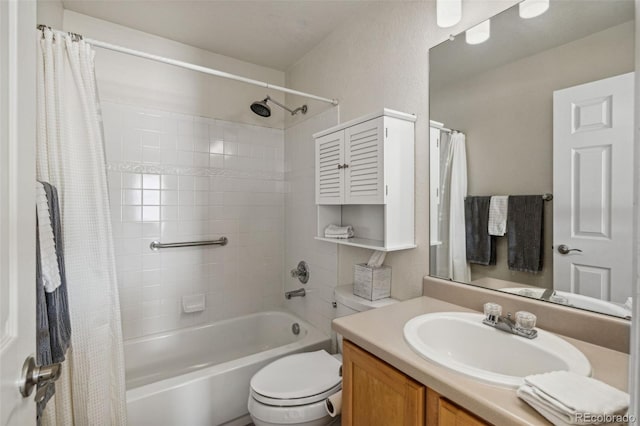 full bathroom with vanity, toilet, and shower / bath combination with curtain