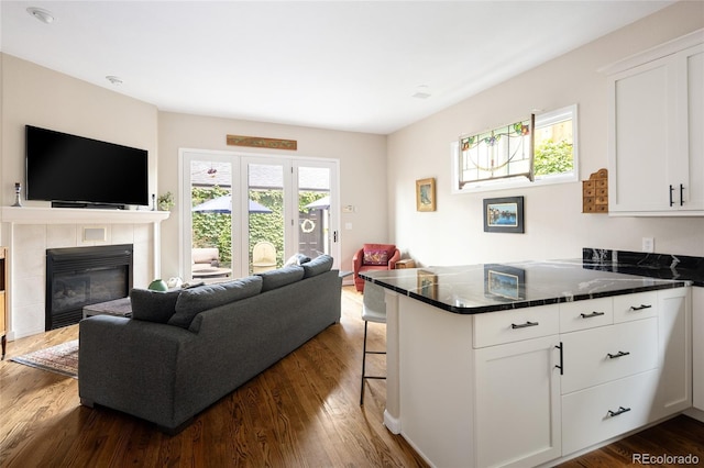 355 Steele St, Denver, CO 80206 - kitchen with open floor plan, white cabinets, a peninsula, and dark wood-style flooring