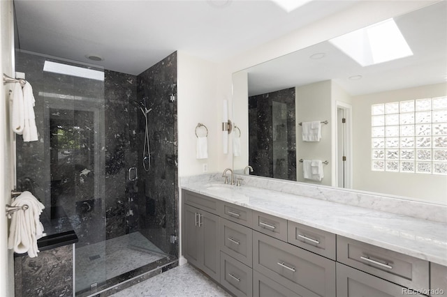 355 Steele St, Denver, CO 80206 - full bath featuring a stall shower, vanity, and a skylight