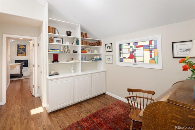 355 Steele St, Denver, CO 80206 - office area with vaulted ceiling, wood finished floors, a glass covered fireplace, and baseboards