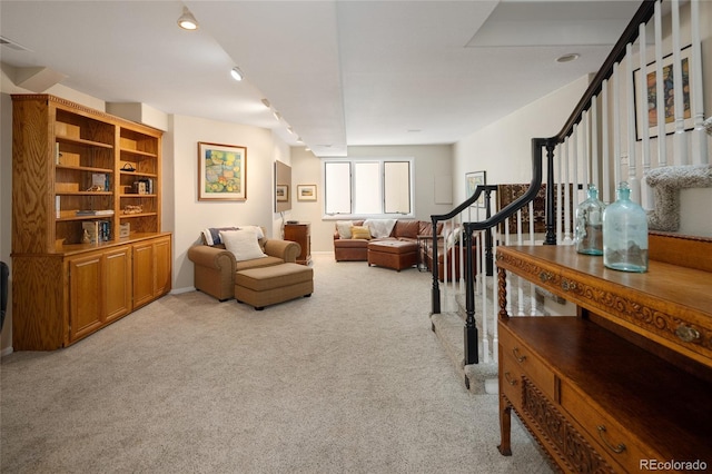 355 Steele St, Denver, CO 80206 - living area with carpet floors and stairs