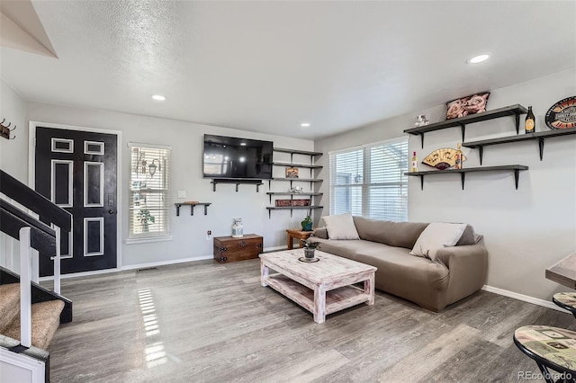 living room featuring a textured ceiling and hardwood / wood-style flooring