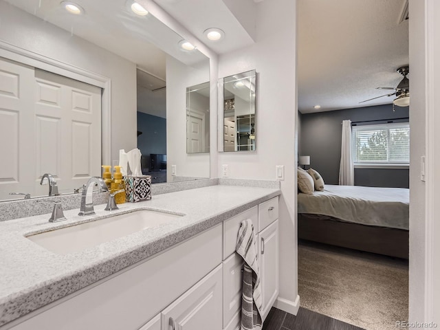 bathroom with ceiling fan, vanity, and hardwood / wood-style floors