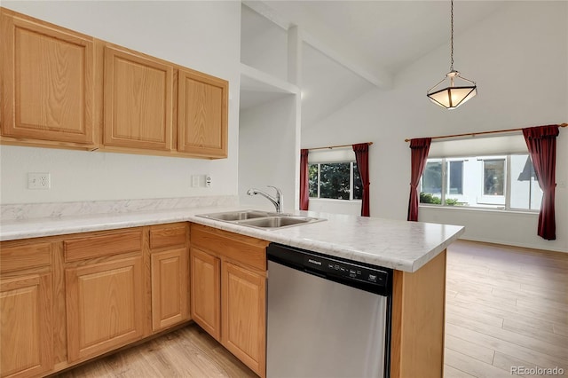 kitchen featuring kitchen peninsula, stainless steel dishwasher, sink, vaulted ceiling with beams, and hanging light fixtures