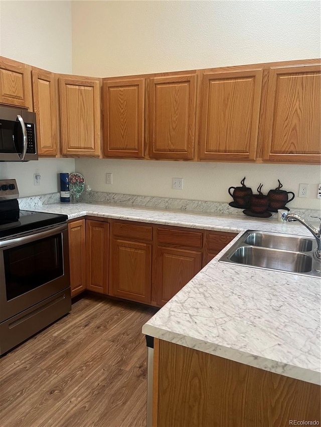 kitchen with dark hardwood / wood-style flooring, sink, and stainless steel appliances